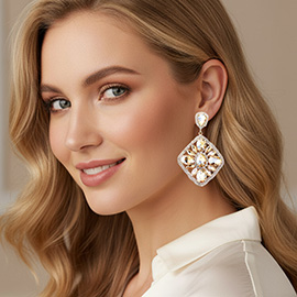Oval Marquise Stone Cluster Accented Rhinestone Rhombus Dangle Evening Earrings