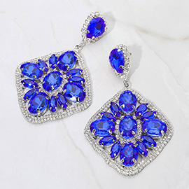 Oval Marquise Stone Cluster Accented Rhinestone Rhombus Dangle Evening Earrings