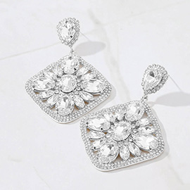 Oval Marquise Stone Cluster Accented Rhinestone Rhombus Dangle Evening Earrings