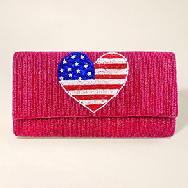 American USA Flag Heart Seed Beaded Clutch / Crossbody Bag