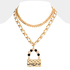 2PCS - Metal Chain Pearl Embellished Bag Pendant Necklaces