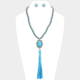 Turquoise Accented Antique Metal Suede Tassel Link Long Necklace