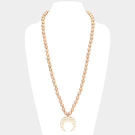 Metal Cutout Double Horn Pendant Wood Long Necklace