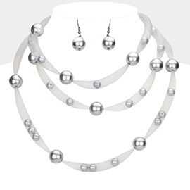 Pearl Accented Triple Layered Mesh Bib Necklace