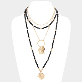 Double Horn Evil Eye Centered Pendant Wood Beaded Multi Layered Necklace