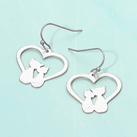Brass Metal Cats Accented Open Heart Dangle Earrings