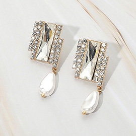 Rectangle Stone Accented Teardrop Freshwater Pearl Link Dangle Evening Earrings