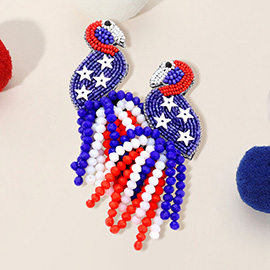 Felt Back American USA Flag Flamingo Beaded Beads Tassel Earrings