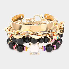 5PCS - Glass Stone Accented Metal Chain Link Beaded Bracelets and Metal Cuff