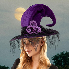 Floral Lace Trim Curved Halloween Witch Hat