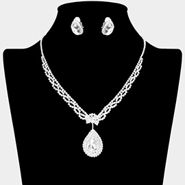 Teardrop Stone Pendant Accented Rhinestone Pave Necklace Clip on Earring Set