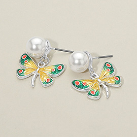 Pearl Enamel Butterfly Dangle Earrings