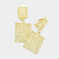 Textured Metal Rectangle Dangle Clip on Earrings