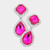 Square Teardrop Stone Accented Dangle Evening Clip on Earrings