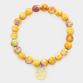 Natural Stone Hammered Metal Charm Stretch Bracelet
