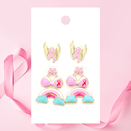 3Pairs - Pink Ribbon Wings Bra Rainbow Stud Earrings