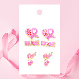 3Pairs - Pink Ribbon Heart Hope BRAVE Fight Message Stud Earrings