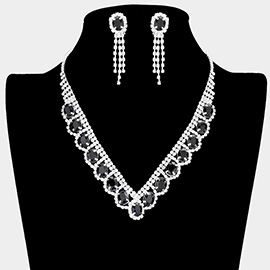Oval Stone Accented V Shaped Rhinestone Necklace Clip on Earring Set