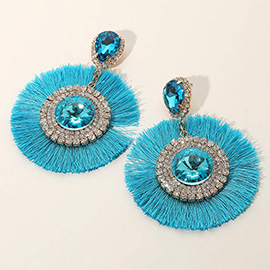Teardrop Round Stone Accented Tassel Fringe Dangle Earrings
