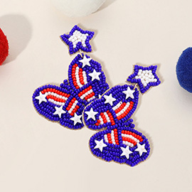 Felt Back American USA Flag Seed Beaded Star Butterfly Link Dangle Earrings