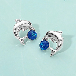 Shimmer Ball Accent Playful Dolphin Stud Earrings