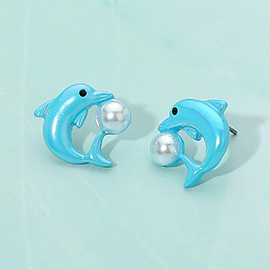 Faux Pearl Accent Playful Dolphin Stud Earrings