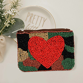 Heart Accented Camouflage Patterned Seed Beaded Mini Pouch Bag