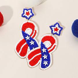 Felt Back American USA Flag Seed Beaded Star Pink Ribbon Dangle Earrings