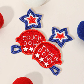 Felt Back American USA Flag Seed Beaded Star Touch Down Message Helmet Dangle Earrings