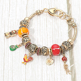 Cat Lucky Bag Rooster Sun Chain Charm Multi Bead Bracelet