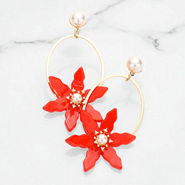 Pearl Pointed Resin Flower Accented Open Metal Oval Dangle Earrings