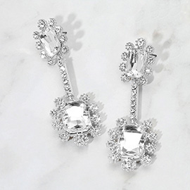 Double Emerald Cut Stone Accented Dangle Evening Earrings