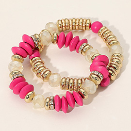 2PCS - Mixed Flat Wood Metal Faceted Beaded Stretch Multi Layered Bracelets