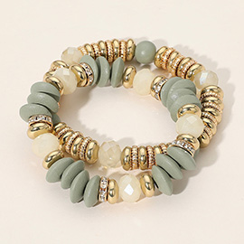 2PCS - Mixed Flat Wood Metal Faceted Beaded Stretch Multi Layered Bracelets