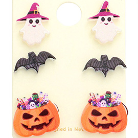 3Pairs - Resin Witch Hat Ghost Bat Pumpkin Stud Earrings