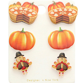 3Pairs - Pumpkin Pie Turkey Stud Earrings