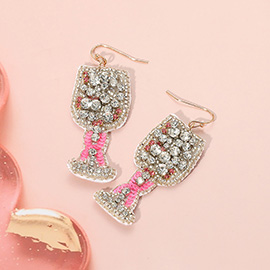 Felt Back Sequin Pink Ribbon Pointed Stone Wine Dangle Earrings