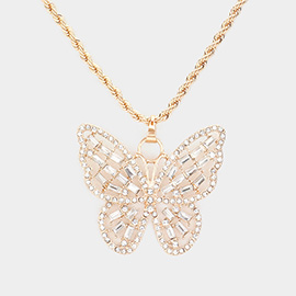 Stone Embellished Metal Butterfly Pendant Necklace