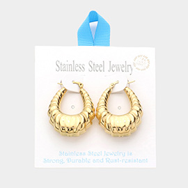 18K Gold Dipped Stainless Steel 1.5 Inch Textured Metal Teardrop Hoop Pin Catch Earrings