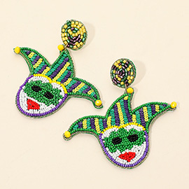 Mardi Gras Felt Back Sequin Seed Beaded Jester Pierrot Dangle Earrings