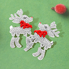 Rhinestone Embellished Bow Pointed Rudolph Dangle Earrings