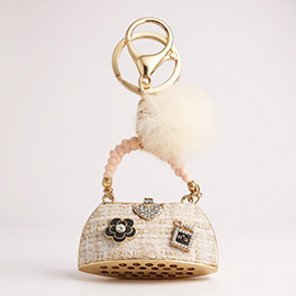 Heart Pointed Tweed Tote Bag Pom Pom Keychain / Bag Charm