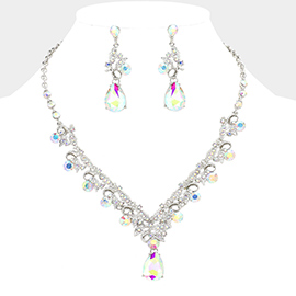 Teardrop Round Stone Accented Leaf Evening Necklace