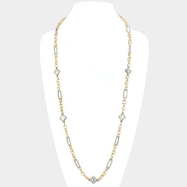 14K Gold Plated Two Tone Stone Paved Quatrefoil Station Chain Link Long Necklace