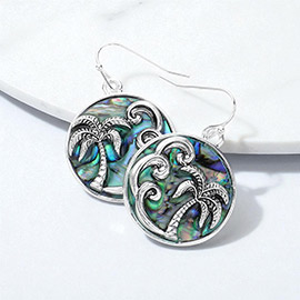 Palm Tree Accented Abalone Round Dangle Earrings