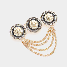 Triple Lion Head Pointed Chain Pin Brooch