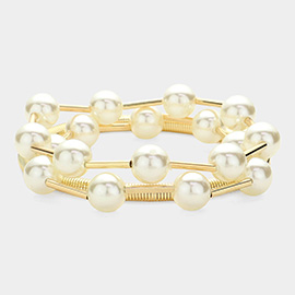 3PCS - Pearl Station Metal Coil Stretch Multi Layered Bracelets