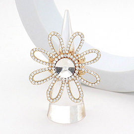 Round Stone Pointed Rhinestone Paved Flower Stretch Ring