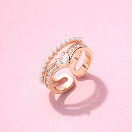 Heart Stone Pointed Pearl Paved Layered Ring