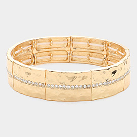 Stone Paved Line Center Pointed Hammered Metal Stretch Bracelet